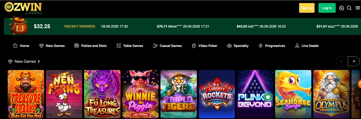 Ozwin Casino lobby with game categories and recent winners ticker