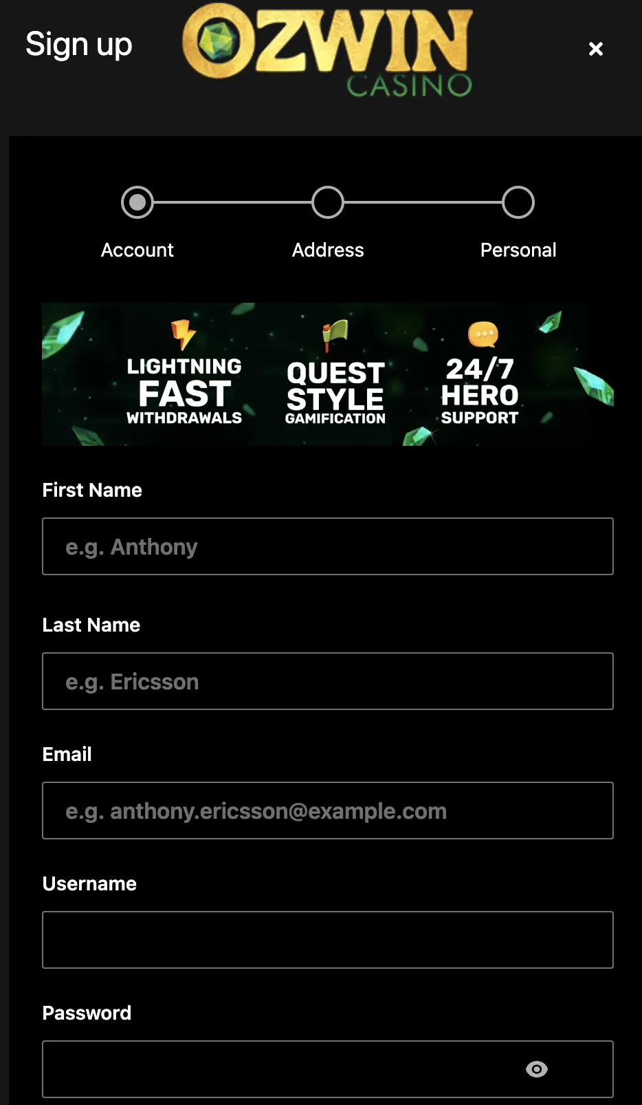 Ozwin Casino sign up form, step one: account details