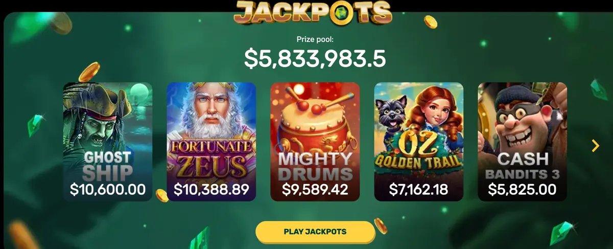 Ozwin jackpots: Ghost Ship, Fortunate Zeus, Mighty Drums, Oz Golden Trail, Cash Bandits 3